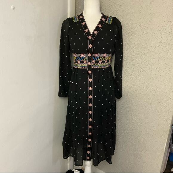 Aly Daly Black Polka Dot Embroidered Boho Peasant Sheer Lined Dress M Cottage - Picture 1 of 13